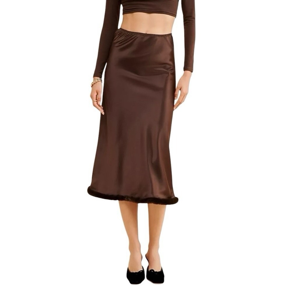 Naya Rea Free People Midi Skirt Size S Brown Satin Faux Fur Fairy Whimsigoth